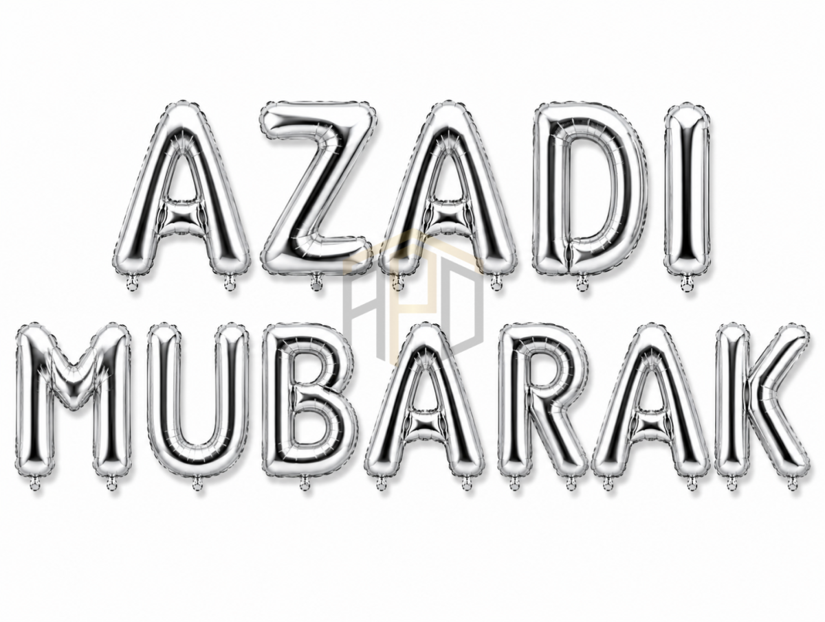 Azadi Mubarak Letter Foil Balloon Banner – Gold & Silver Pakistan Independence Day Decoration