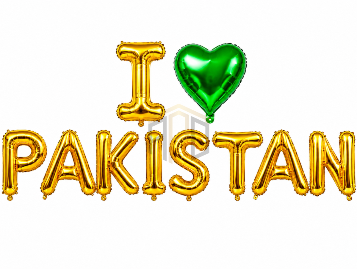 I Love Pakistan Letter Foil Balloon Set with Green Heart – Gold & Silver | Independence Day Decoration