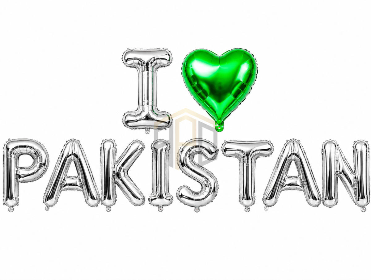 I Love Pakistan Letter Foil Balloon Set with Green Heart – Gold & Silver | Independence Day Decoration