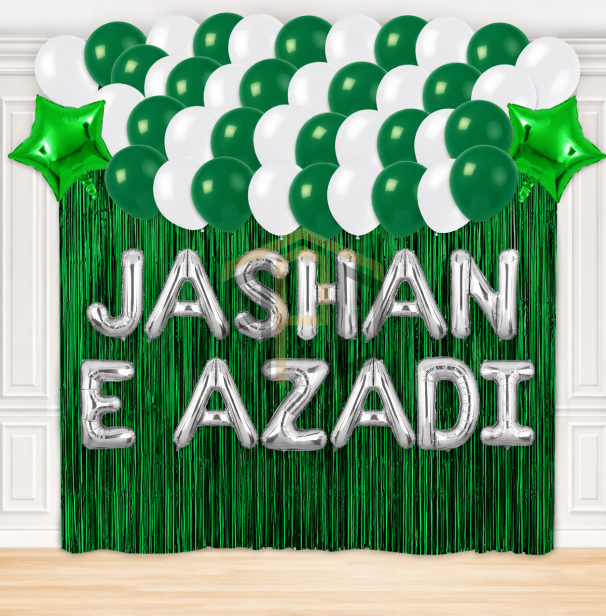 Jashan-e-Azadi Balloon Decoration Kit with Green Foil Curtain & Silver Letter Balloons | Pakistan Independence Day Party Set