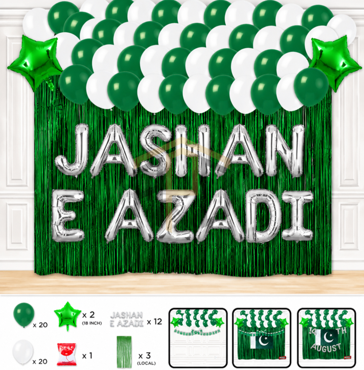 Jashan-e-Azadi Balloon Decoration Kit with Green Foil Curtain & Silver Letter Balloons | Pakistan Independence Day Party Set
