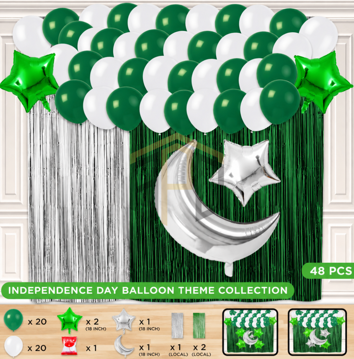 Pakistan Independence Day Balloon Decoration Kit with Moon Star Foil Balloons | 48 PCS 14 August Party Decoration Set