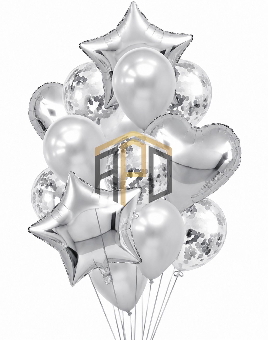 Silver & Green Balloon Bouquet Decoration Set with Star, Heart & Confetti Balloons | Premium Party Decoration Kit