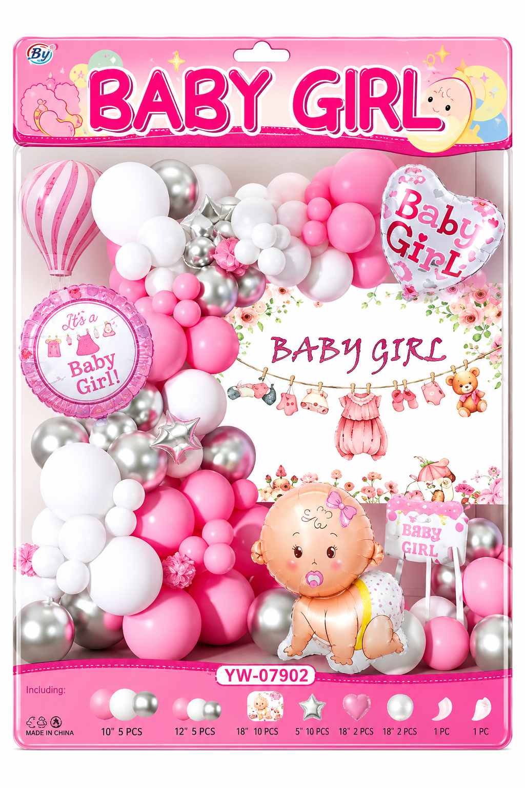 Baby Girl Balloon Garland Decoration Kit – Pink White Silver Baby Shower & Welcome Baby Party Set