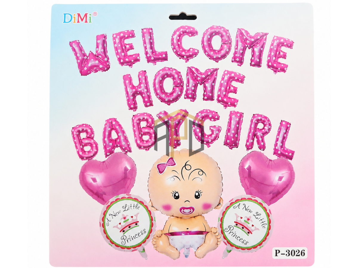 Welcome Home Baby Girl Balloon Decoration Kit – Baby Foil, Heart & Round Balloons for Newborn Welcome Party