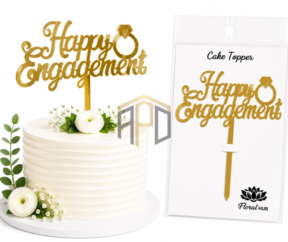 Happy Engagement Cake Topper – Premium Gold Acrylic Cake Decoration for Engagement Party