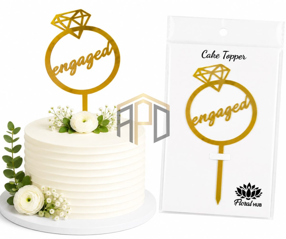 Engaged Ring Cake Topper – Premium Gold Acrylic Engagement Cake Decoration