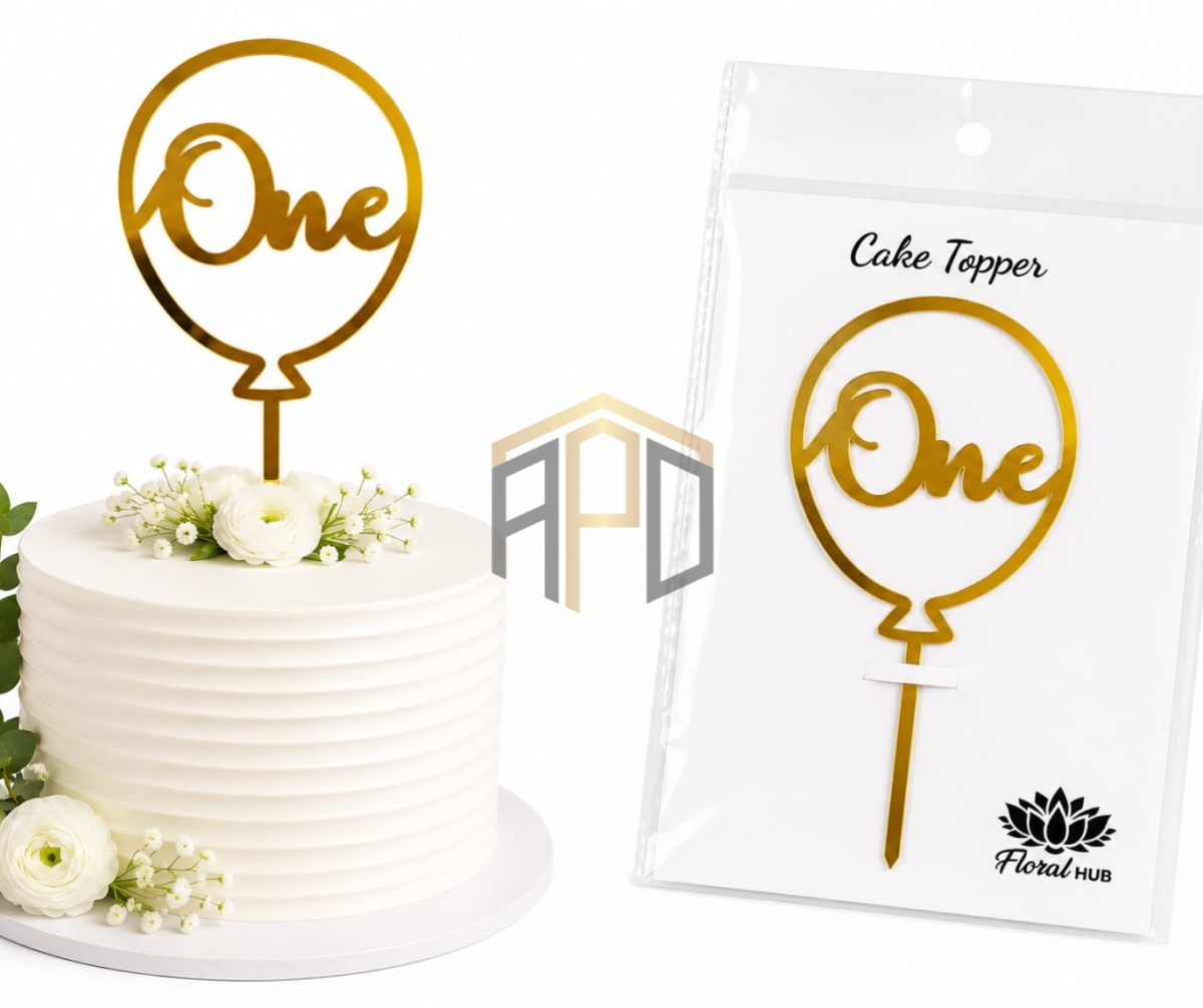 One Balloon Cake Topper – Premium Gold Acrylic First Birthday Cake Decoration
