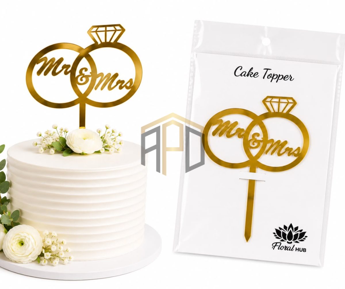 Mr & Mrs Ring Cake Topper – Premium Gold Acrylic Wedding Cake Decoration