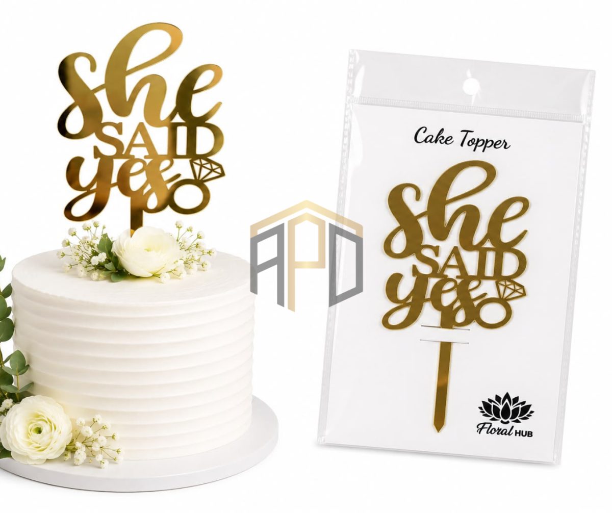 She Said Yes Cake Topper – Gold Acrylic Engagement Cake Decoration