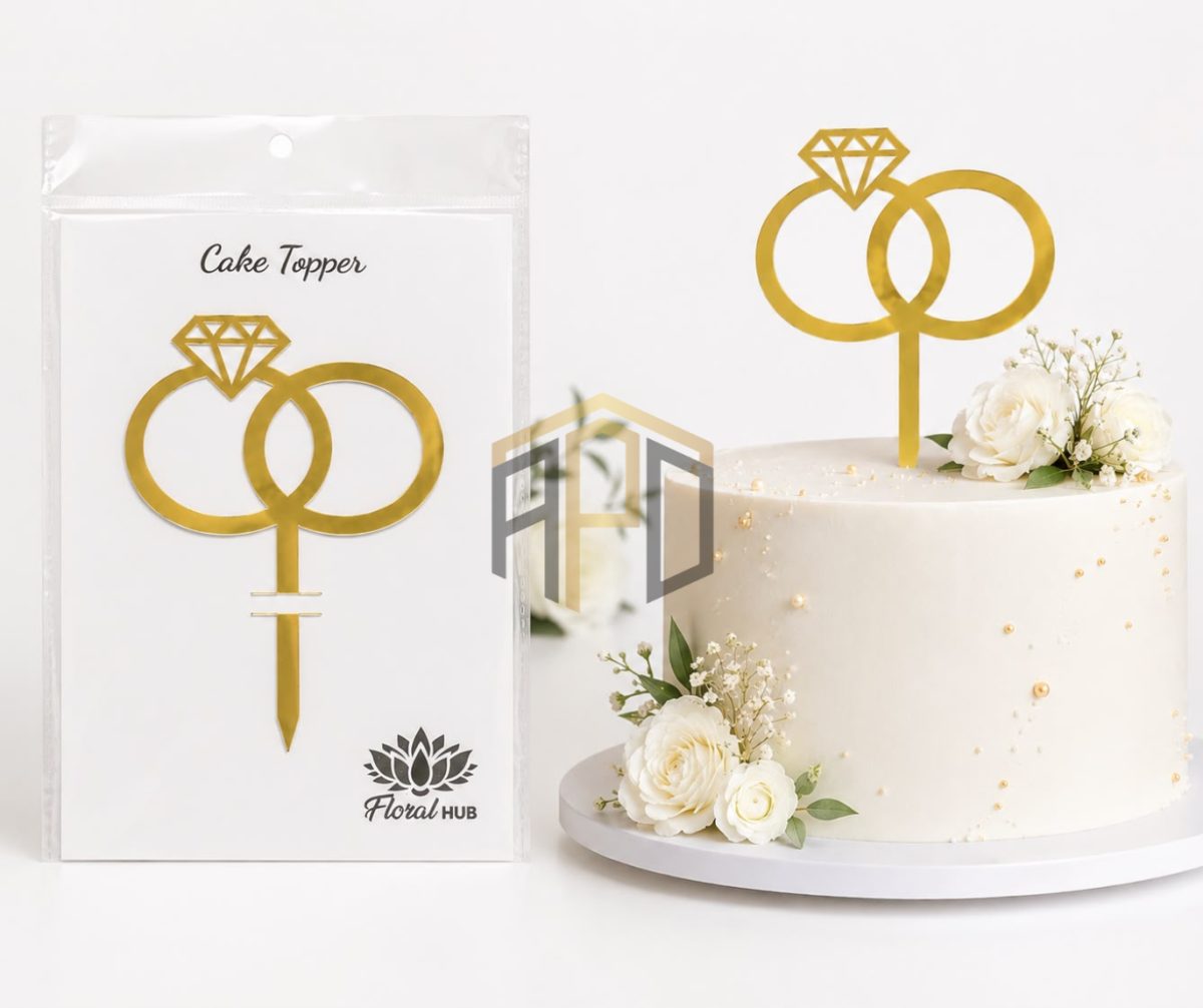 Wedding Rings Cake Topper – Golden Acrylic Engagement & Wedding Cake Decoration Topper