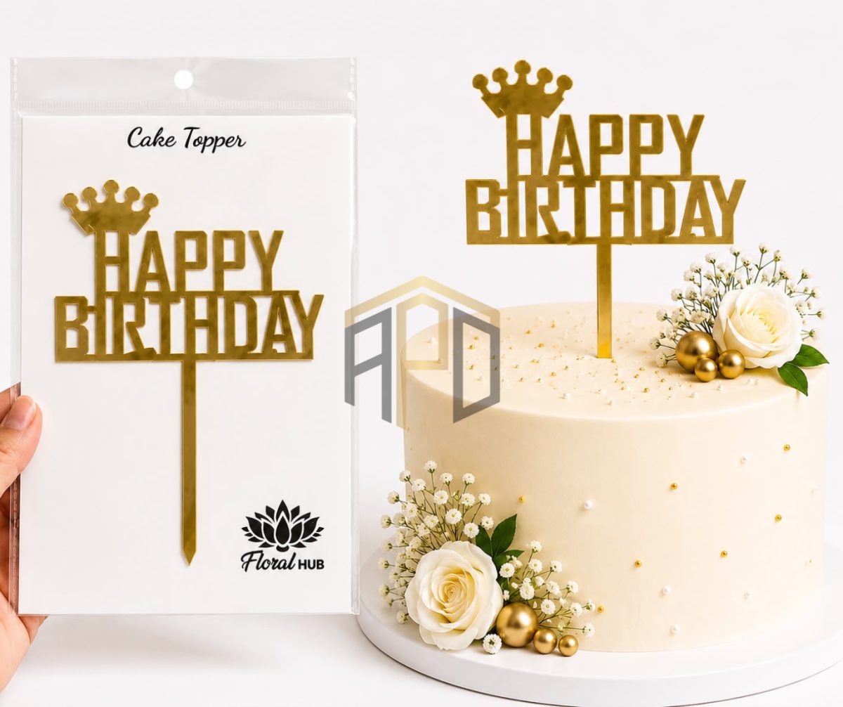 Happy Birthday Acrylic Cake Topper – Golden Mirror Finish | Birthday Cake Decoration