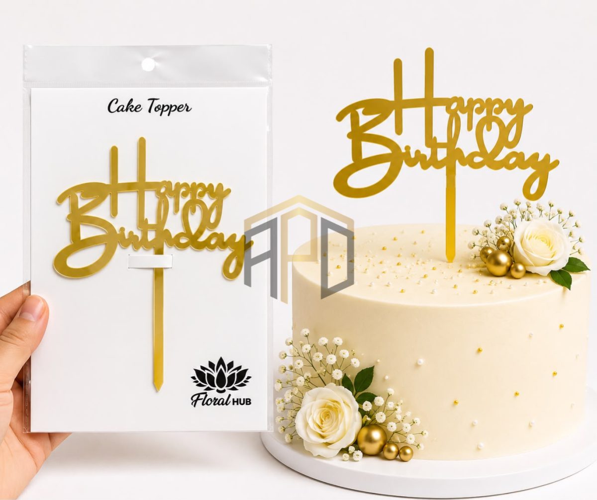 Happy Birthday Acrylic Cake Topper – Golden Mirror Finish | Birthday Cake Decoration