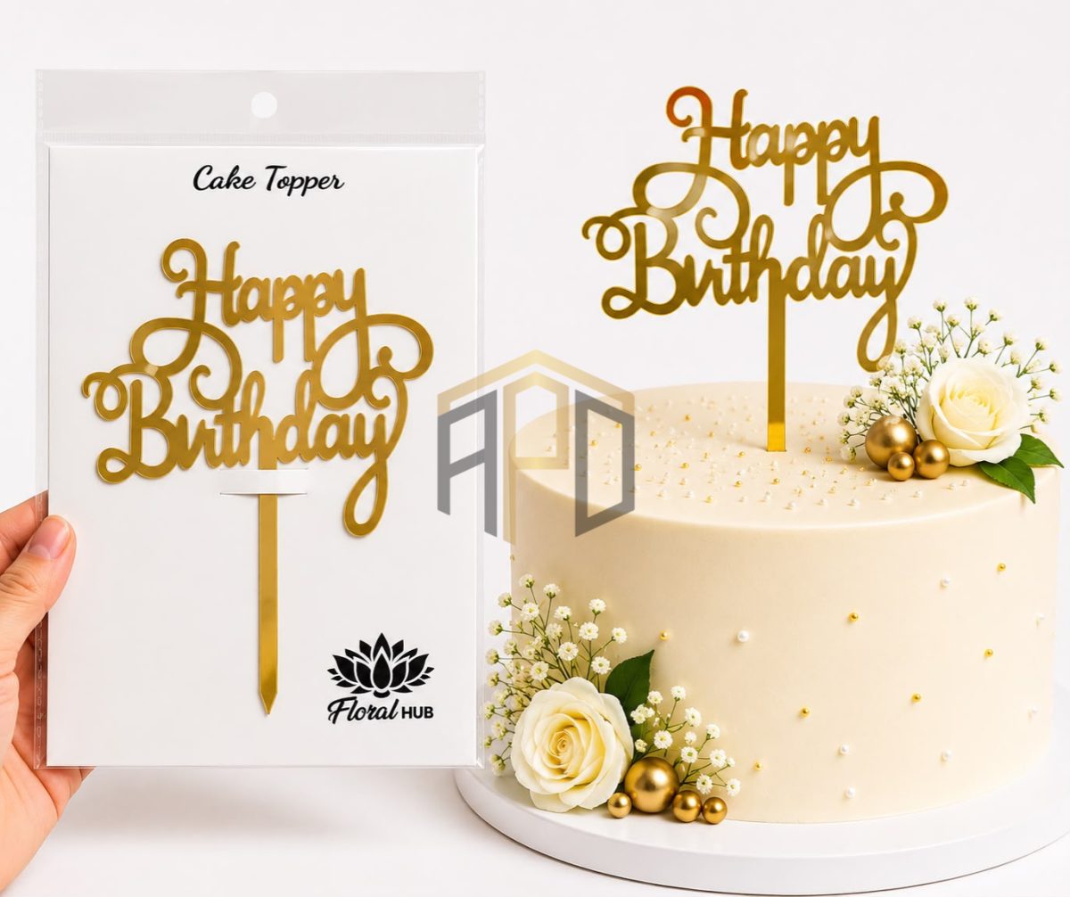 Happy Birthday Acrylic Cake Topper – Golden Mirror Finish | Birthday Cake Decoration