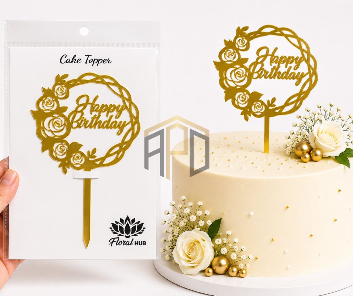 Happy Birthday Acrylic Cake Topper – Golden Mirror Finish | Birthday Cake Decoration