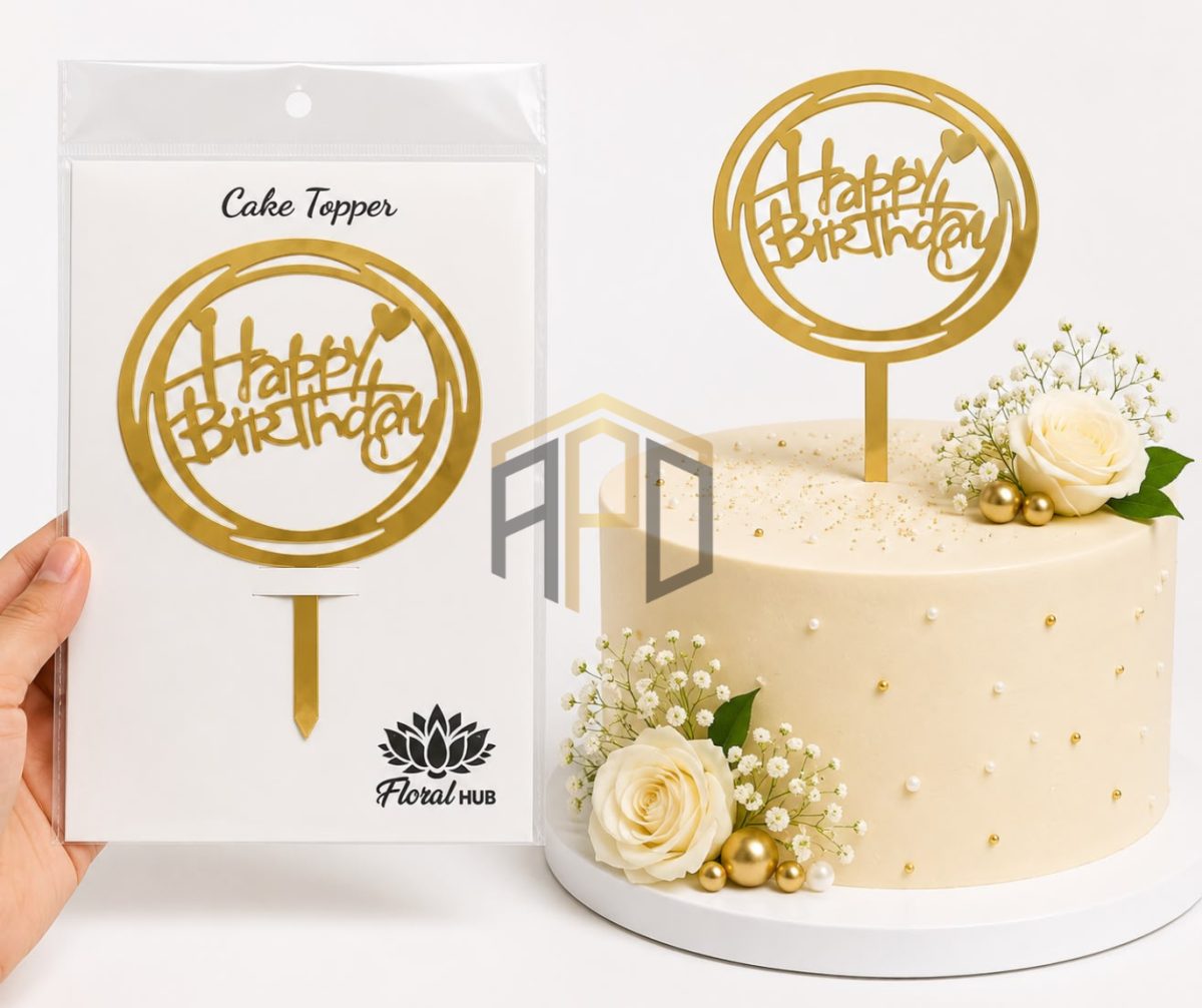 Happy Birthday Acrylic Cake Topper – Golden Mirror Finish | Birthday Cake Decoration