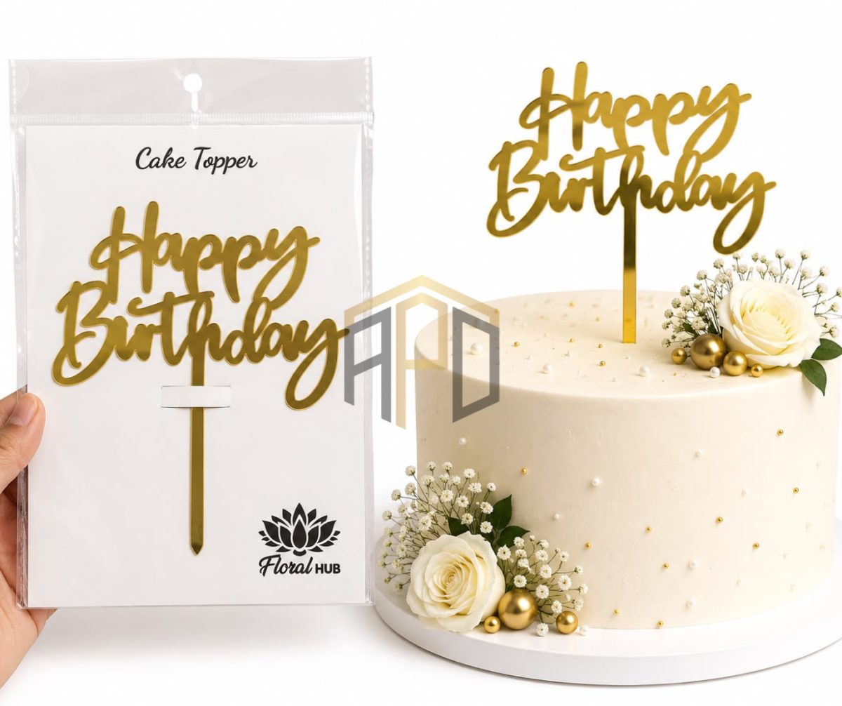 Happy Birthday Acrylic Cake Topper – Golden Mirror Finish | Birthday Cake Decoration