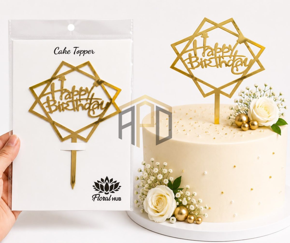 Happy Birthday Acrylic Cake Topper – Golden Mirror Finish | Birthday Cake Decoration