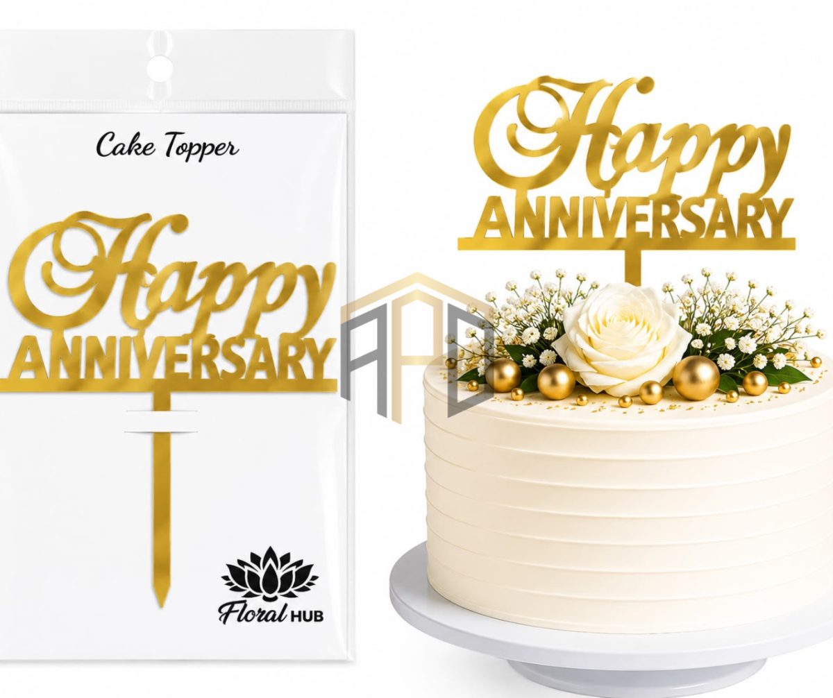 Happy Anniversary Acrylic Cake Topper with Couple Silhouette – Golden Mirror Finish | Anniversary Cake Decoration