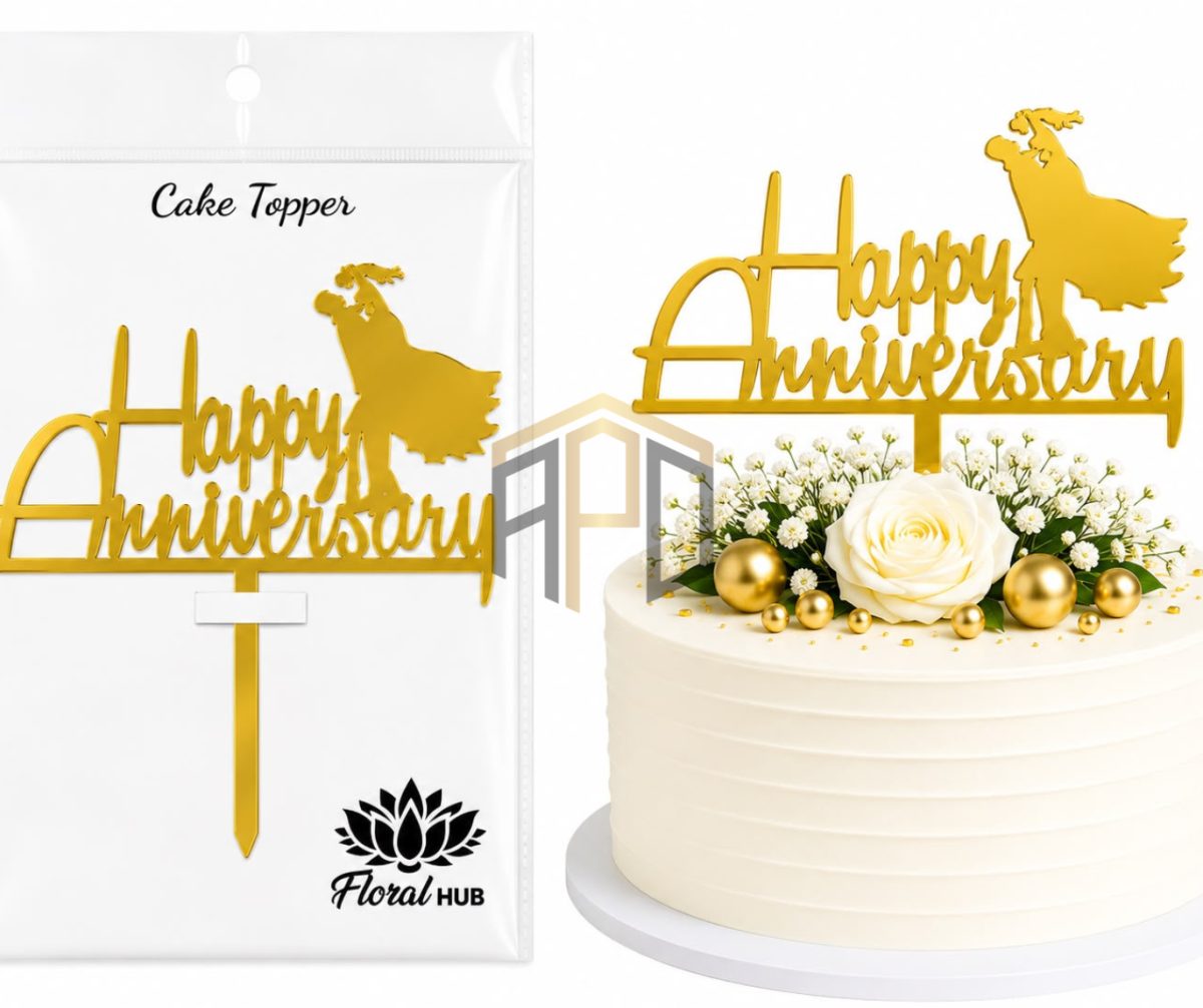 Happy Anniversary Acrylic Cake Topper with Couple Silhouette – Golden Mirror Finish | Anniversary Cake Decoration