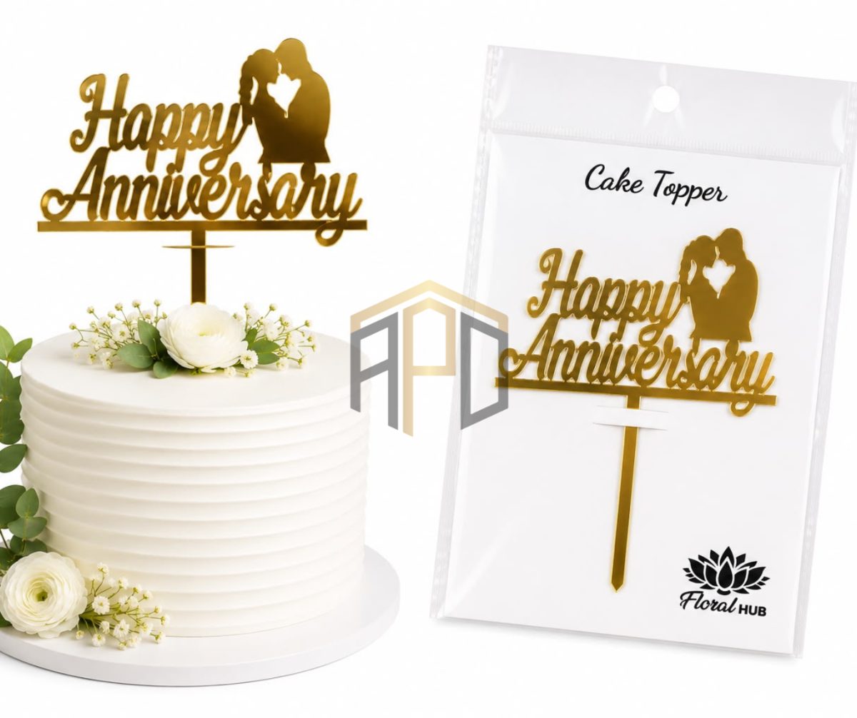 Happy Anniversary Acrylic Cake Topper with Couple Silhouette – Golden Mirror Finish | Anniversary Cake Decoration