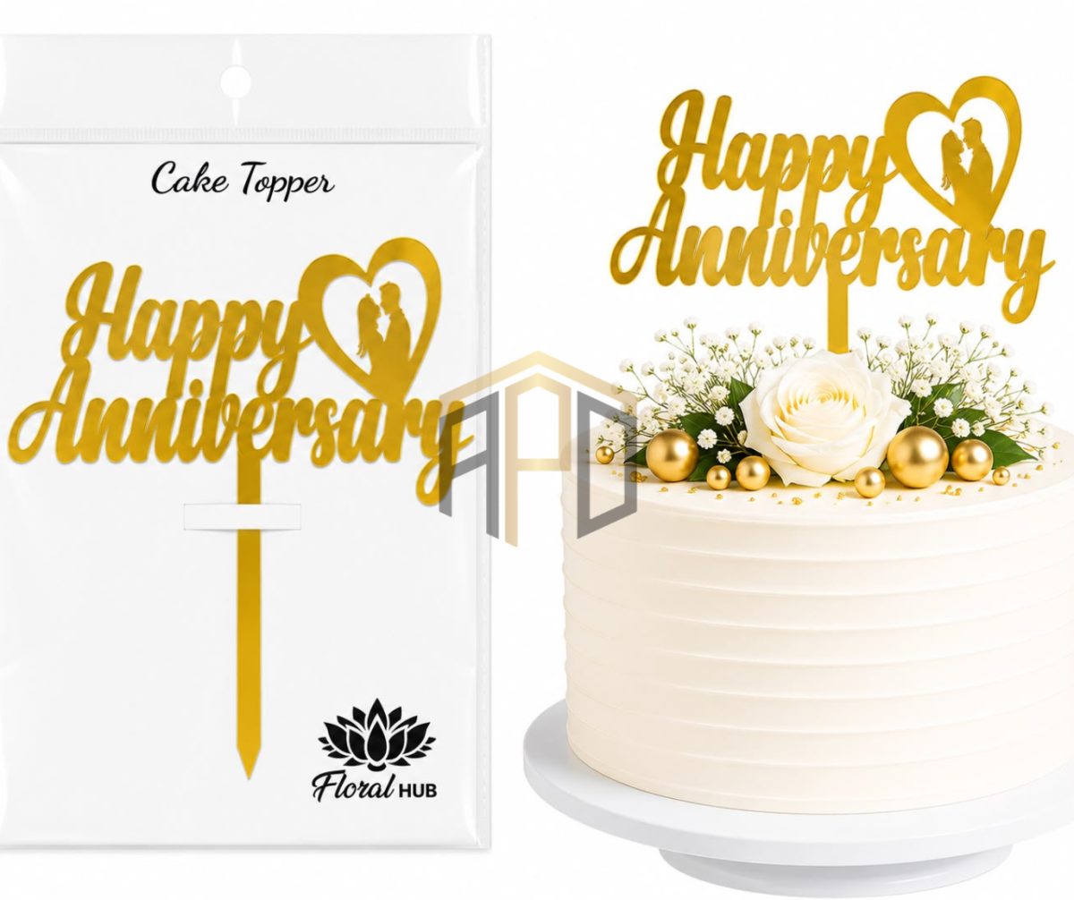 Happy Anniversary Acrylic Cake Topper with Couple Silhouette – Golden Mirror Finish | Anniversary Cake Decoration
