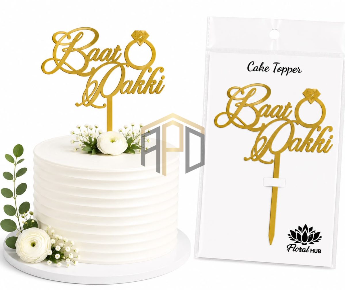 Baat Pakki Cake Topper – Golden Acrylic Engagement Cake Decoration Topper for Nikah, Proposal & Ring Ceremony