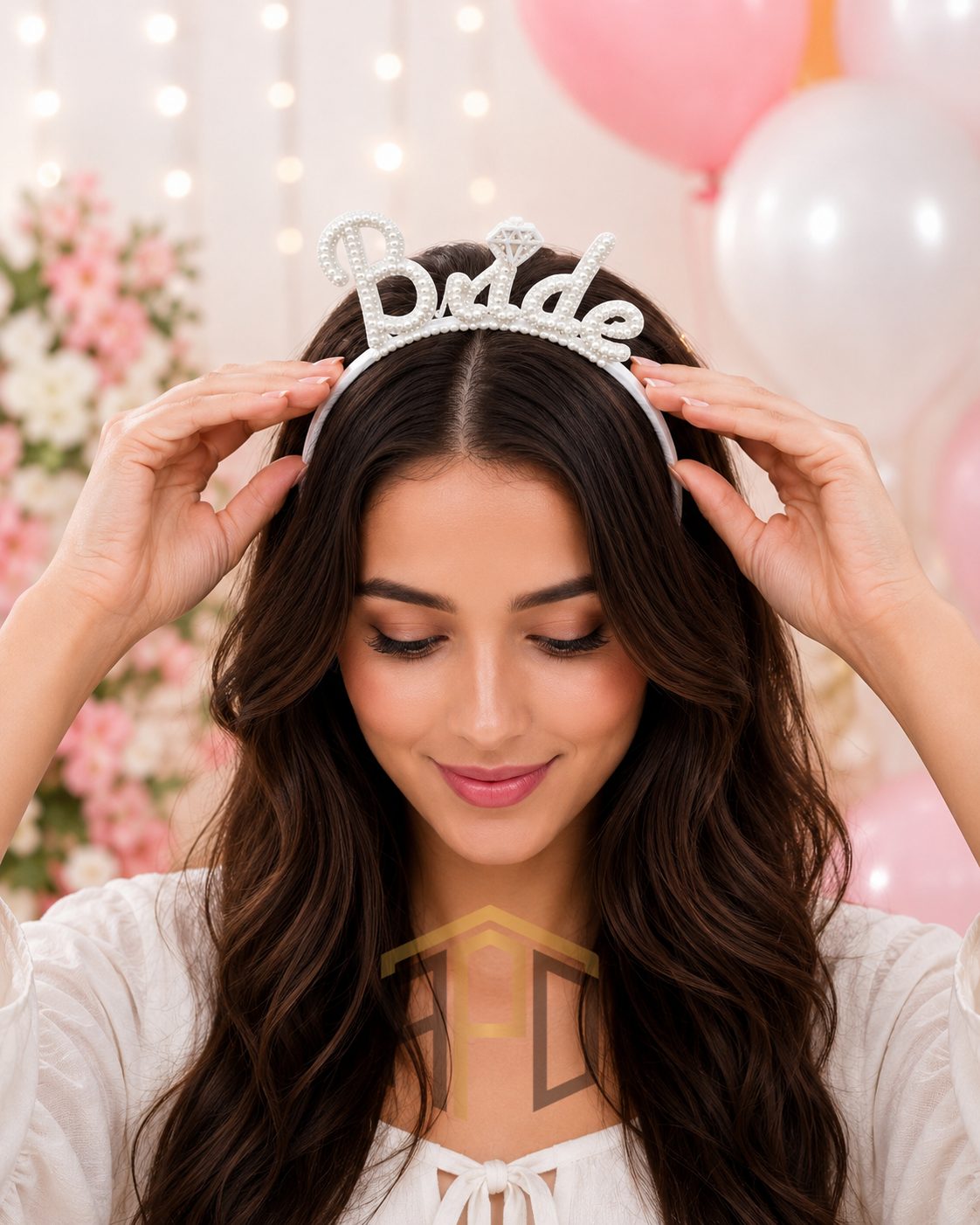 Bride Pearl Headband with Rhinestone Crown – Elegant Bridal Hair Band for Wedding, Bridal Shower & Bachelorette Party (White)