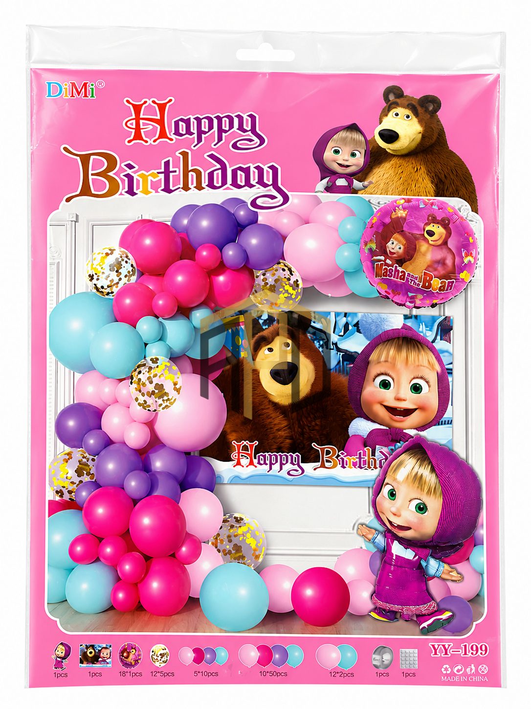 DiMi Masha and the Bear Happy Birthday Balloon Decoration Kit – Cartoon Theme Party Set with Balloon Garland (YY-199)