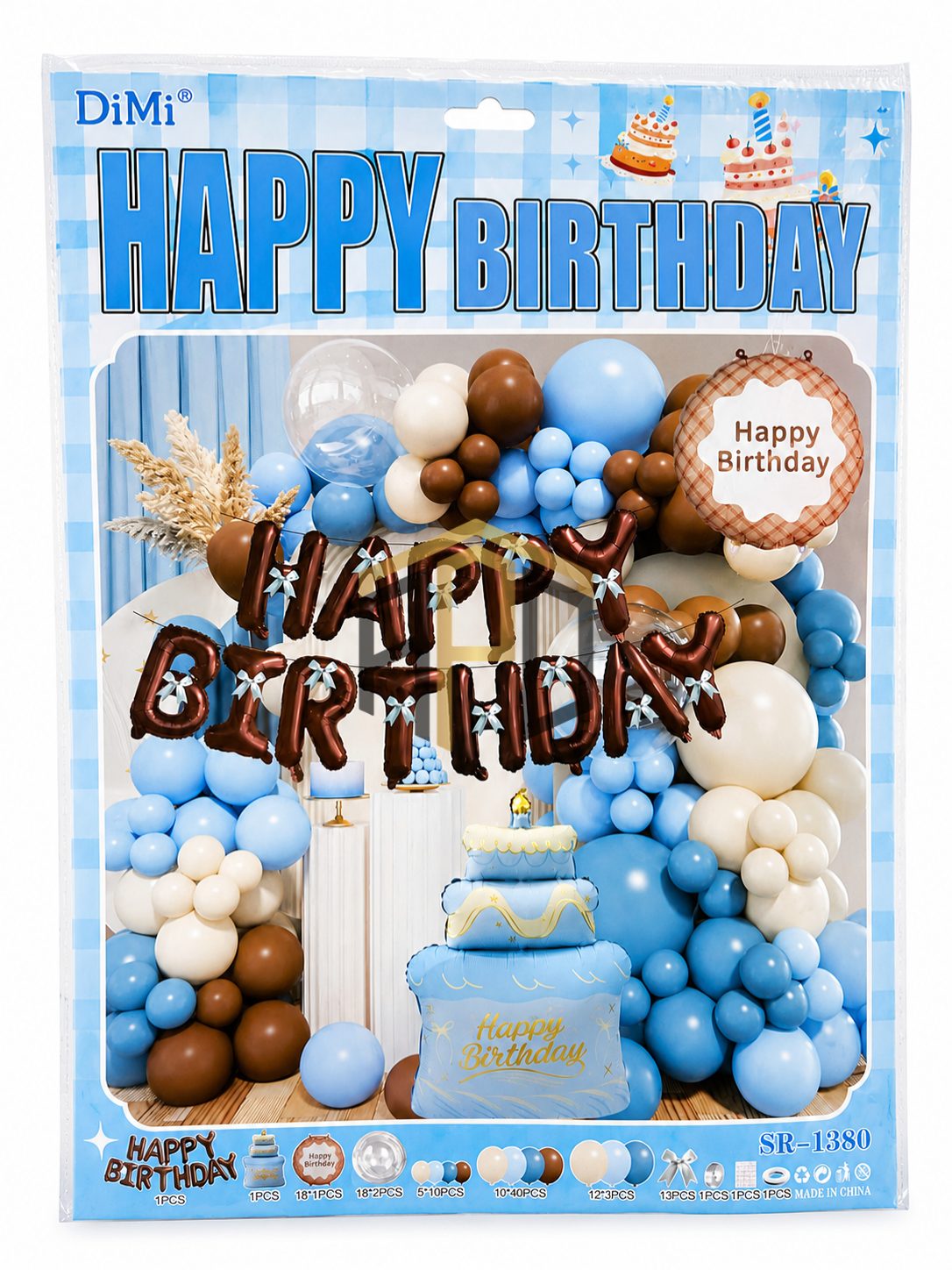Blue Brown Happy Birthday Balloon Decoration Kit with Foil Letter Balloons, Cake Foil Balloon & Balloon Garland Arch Set for Birthday Party