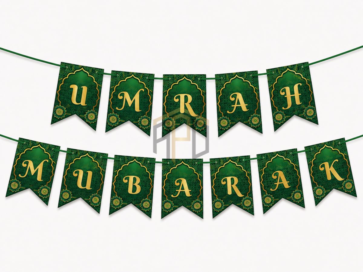 Premium Umrah Mubarak Islamic Hanging Banner – Green & Gold Mosque Design | Islamic Party Decoration