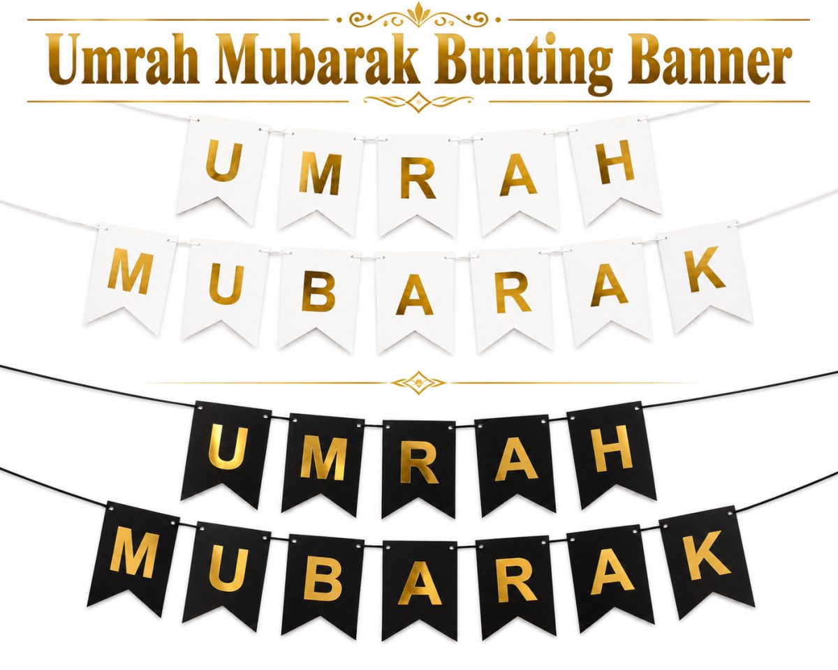Umrah Mubarak Banner Decoration – Gold Letter Hanging Banner | White & Black Color | Islamic Party Decoration