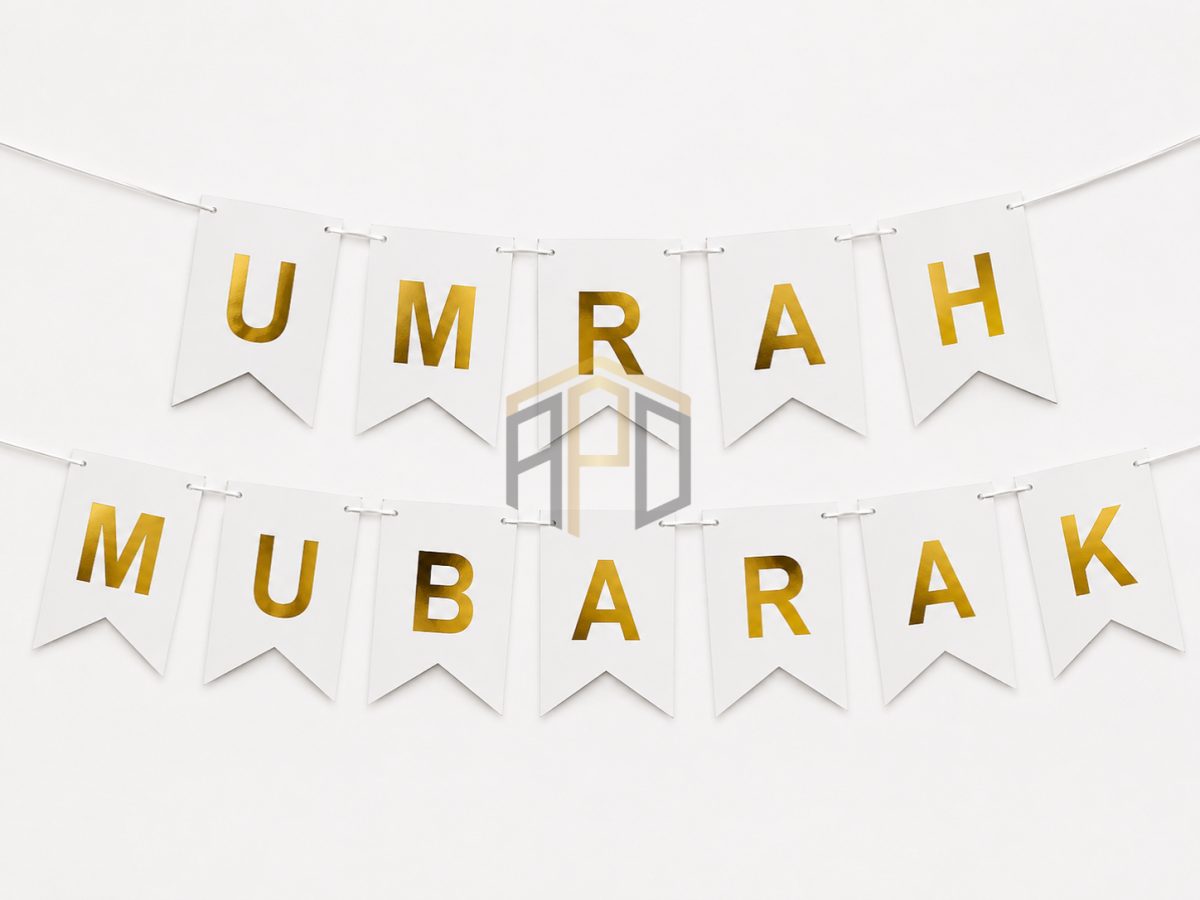 Umrah Mubarak Banner Decoration – Gold Letter Hanging Banner | White & Black Color | Islamic Party Decoration