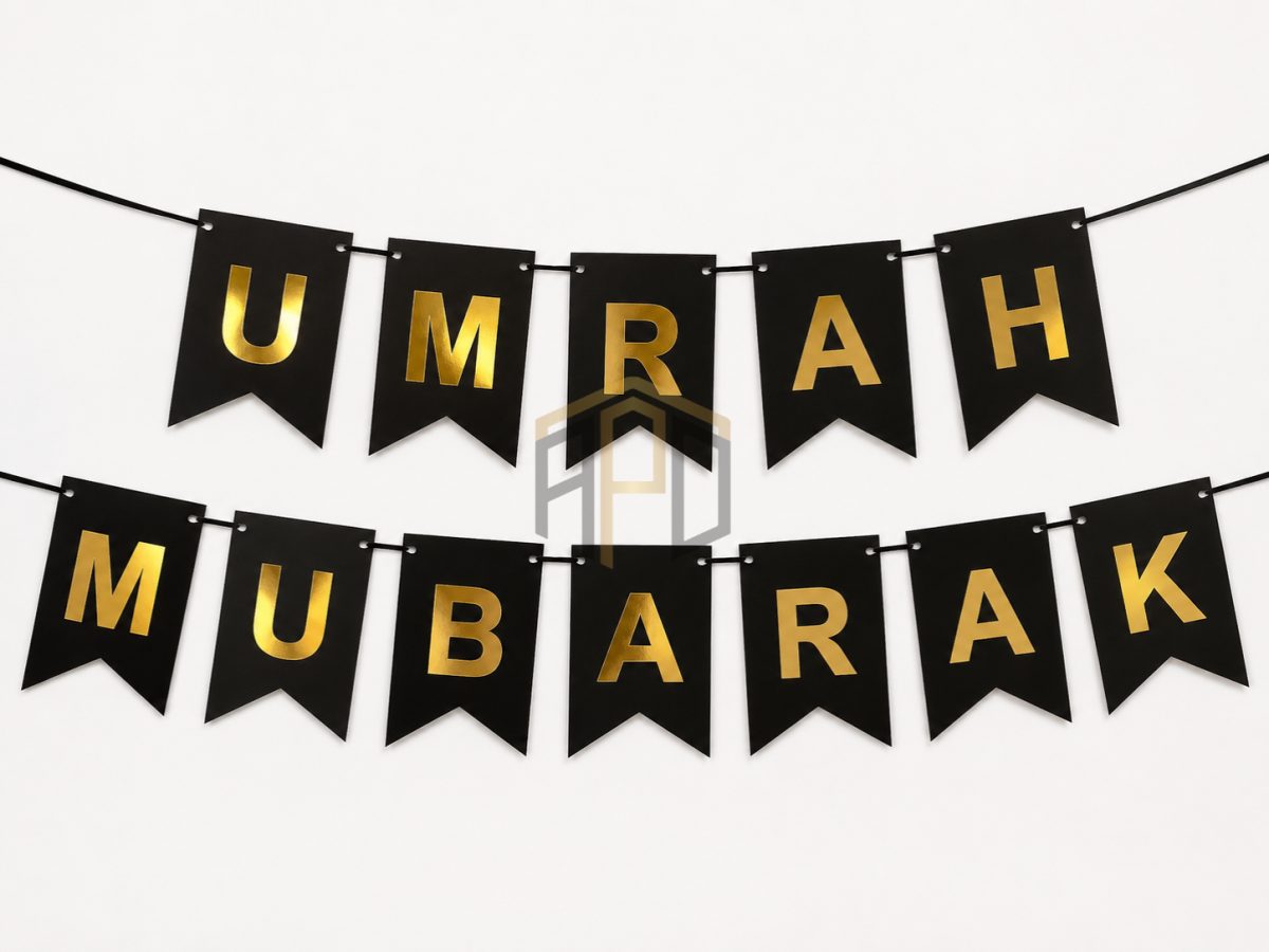 Umrah Mubarak Banner Decoration – Gold Letter Hanging Banner | White & Black Color | Islamic Party Decoration