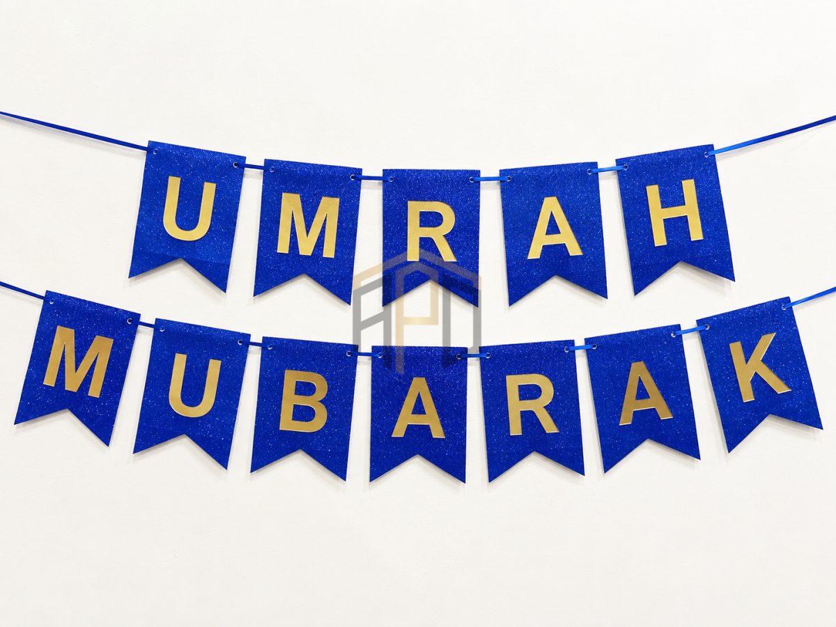 UMRAH MUBARAK Glitter Banner – Premium Glitter Card Hanging Decoration (Blue & Purple)