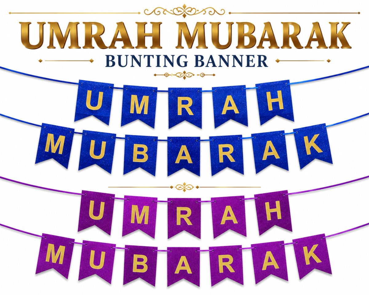 UMRAH MUBARAK Glitter Banner – Premium Glitter Card Hanging Decoration (Blue & Purple)