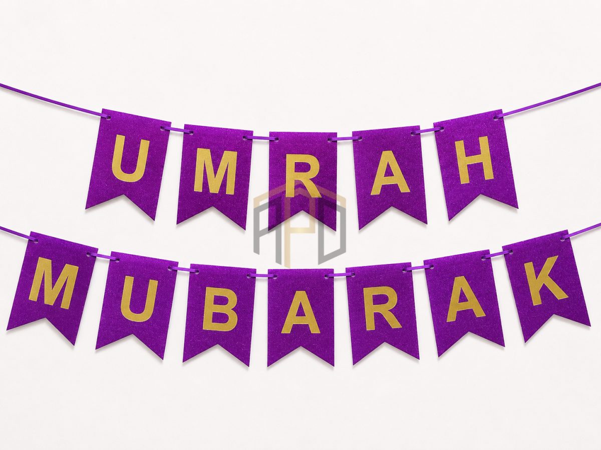 UMRAH MUBARAK Glitter Banner – Premium Glitter Card Hanging Decoration (Blue & Purple)