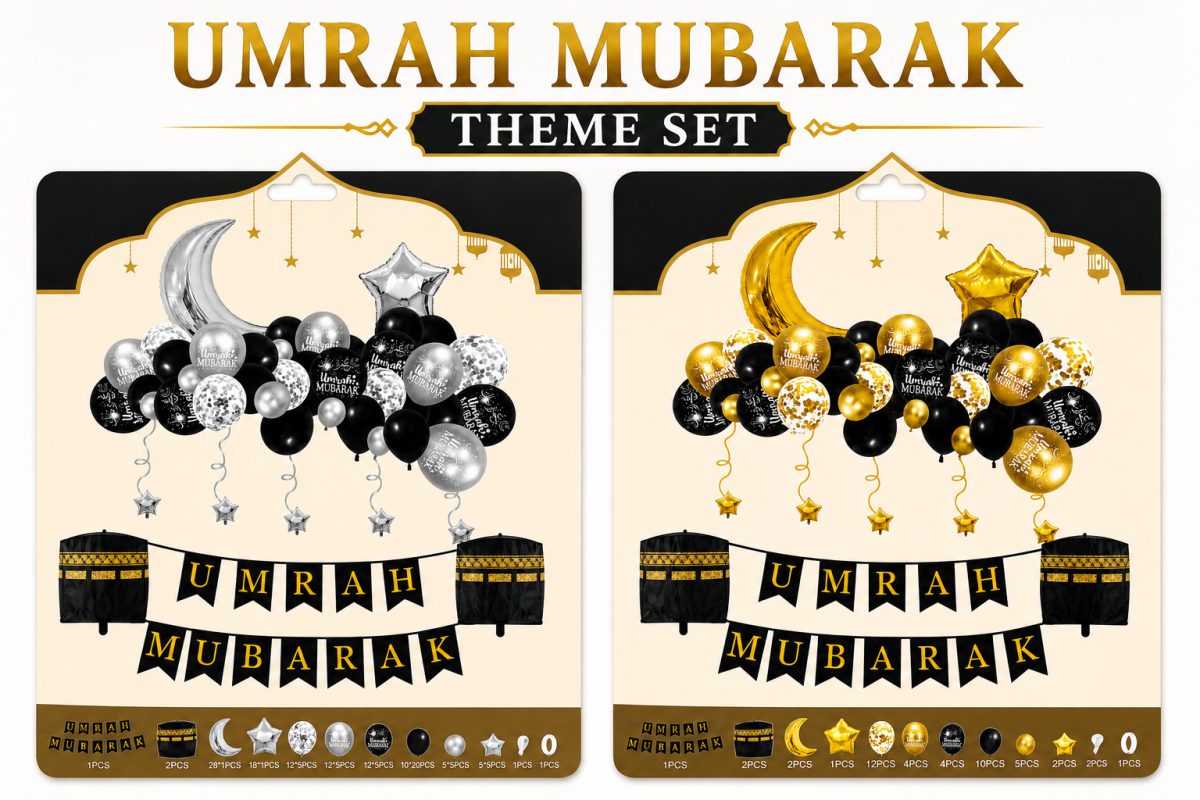 Umrah Mubarak Balloon Decoration Kit with Banner, Moon & Star Foil Balloons | Gold & Silver Islamic Party Decoration Set