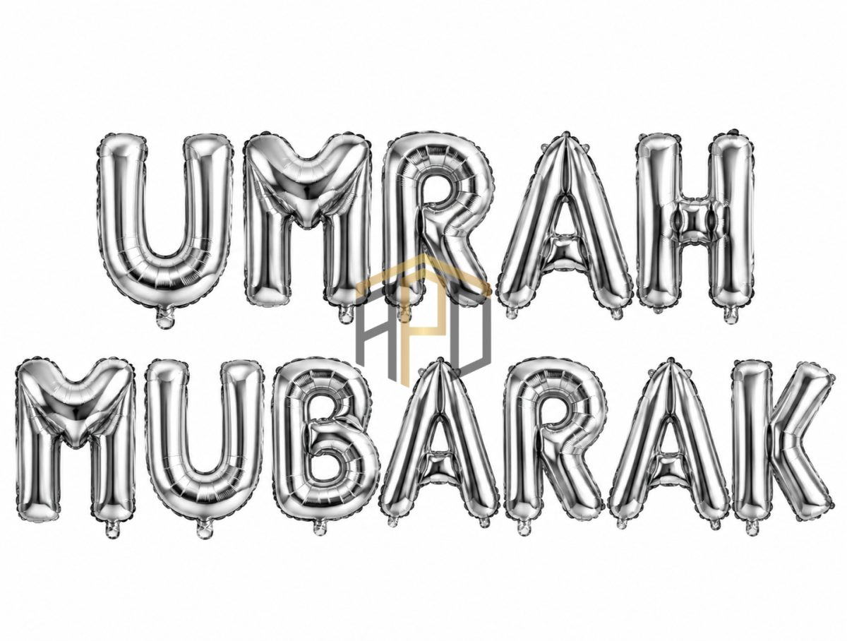 UMRAH MUBARAK Foil Letter Balloon Banner Set – Gold, Silver & Black Colours Available