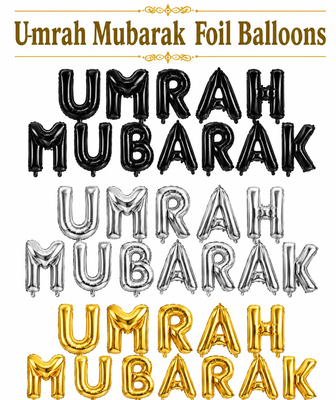 UMRAH MUBARAK Foil Letter Balloon Banner Set – Gold, Silver & Black Colours Available