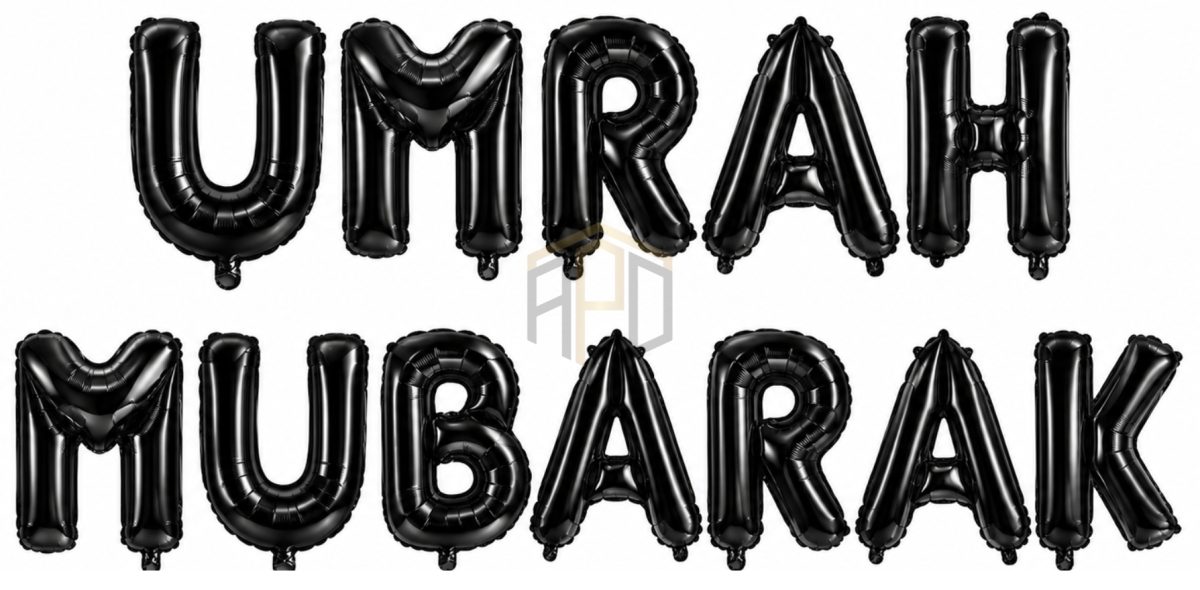 UMRAH MUBARAK Foil Letter Balloon Banner Set – Gold, Silver & Black Colours Available