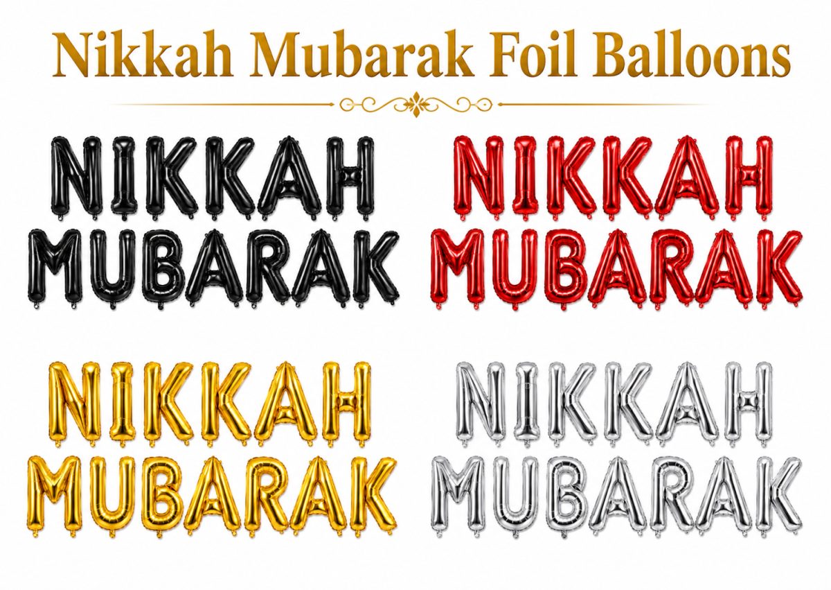 Nikah Mubarak Letter Foil Balloon Banner for Wedding & Islamic Nikah Decorations | Gold, Silver, Black & Red