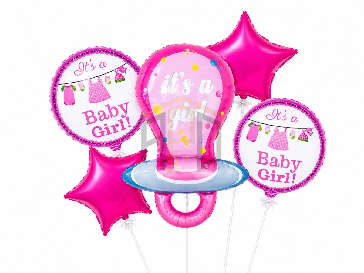 It's a Baby Girl Pacifier Foil Balloon Bouquet Set with Star Balloons for Baby Shower and Welcome Baby Decoration