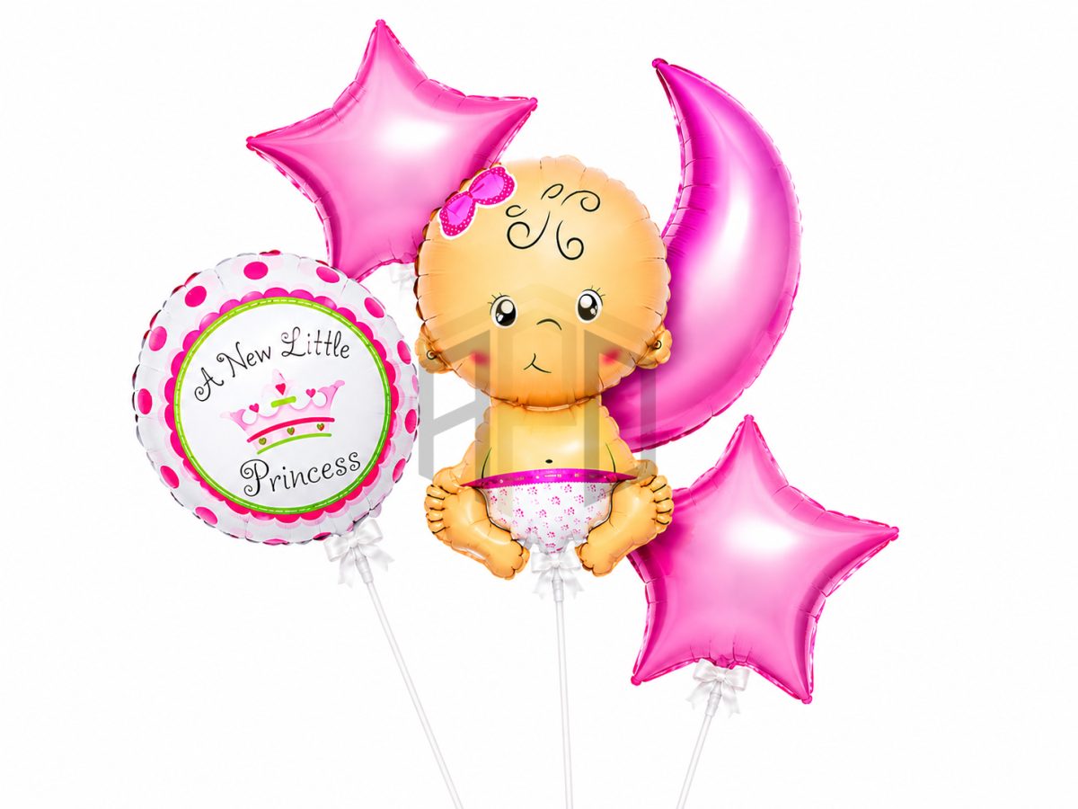 New Little Princess Baby Girl Foil Balloon Bouquet Set with Baby Shape and Star Moon Balloons for Baby Shower Decoration