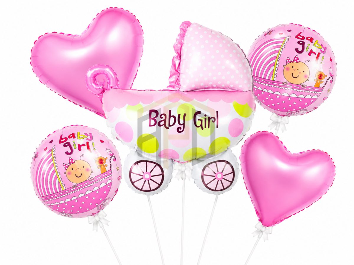 Baby Girl Pram Foil Balloon Bouquet Set with Heart Balloons for Baby Shower and Welcome Baby Decoration