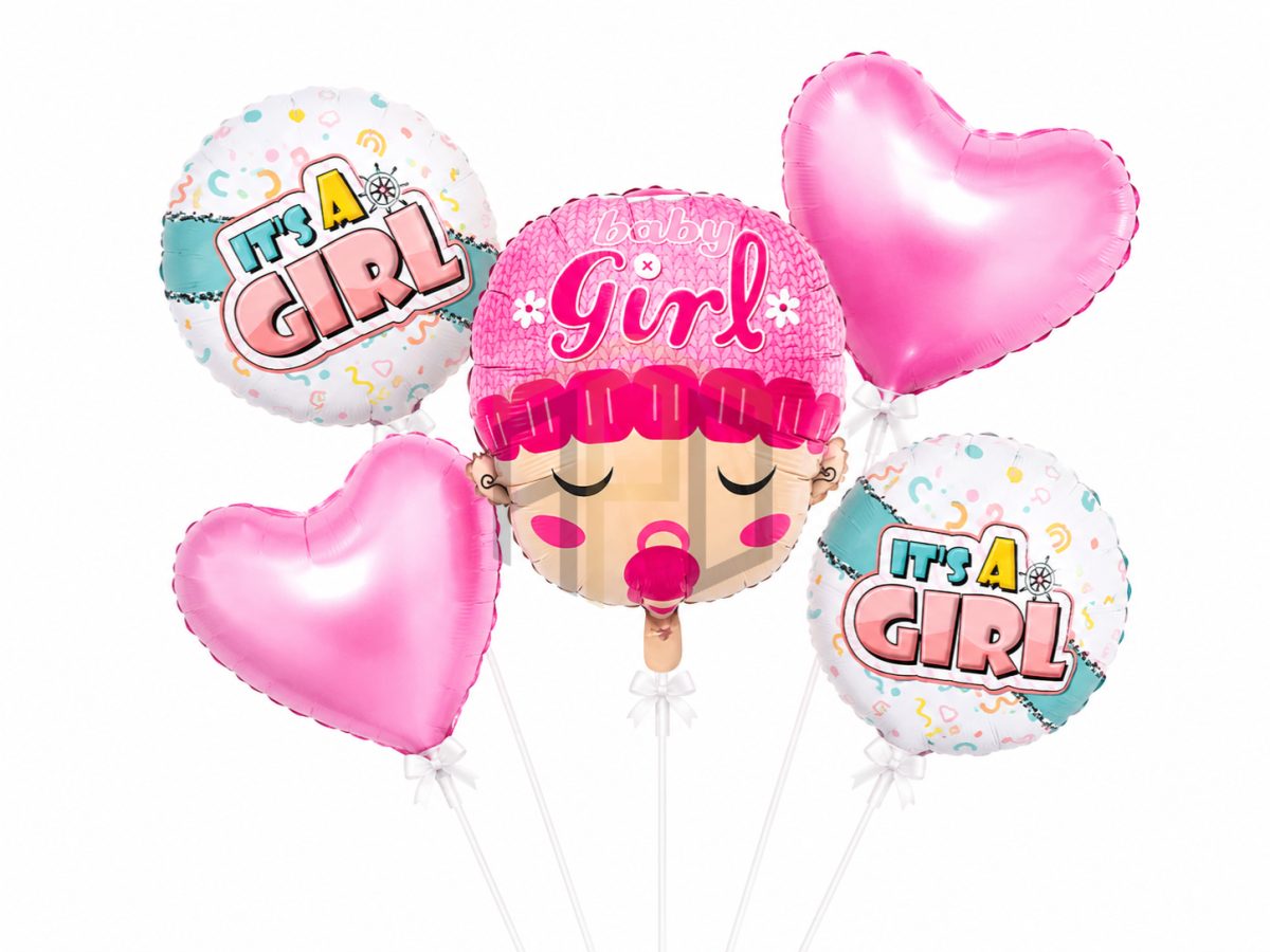 Baby Girl Face Foil Balloon Set with Pink Heart Balloons – It's a Girl Newborn Welcome Decoration Kit