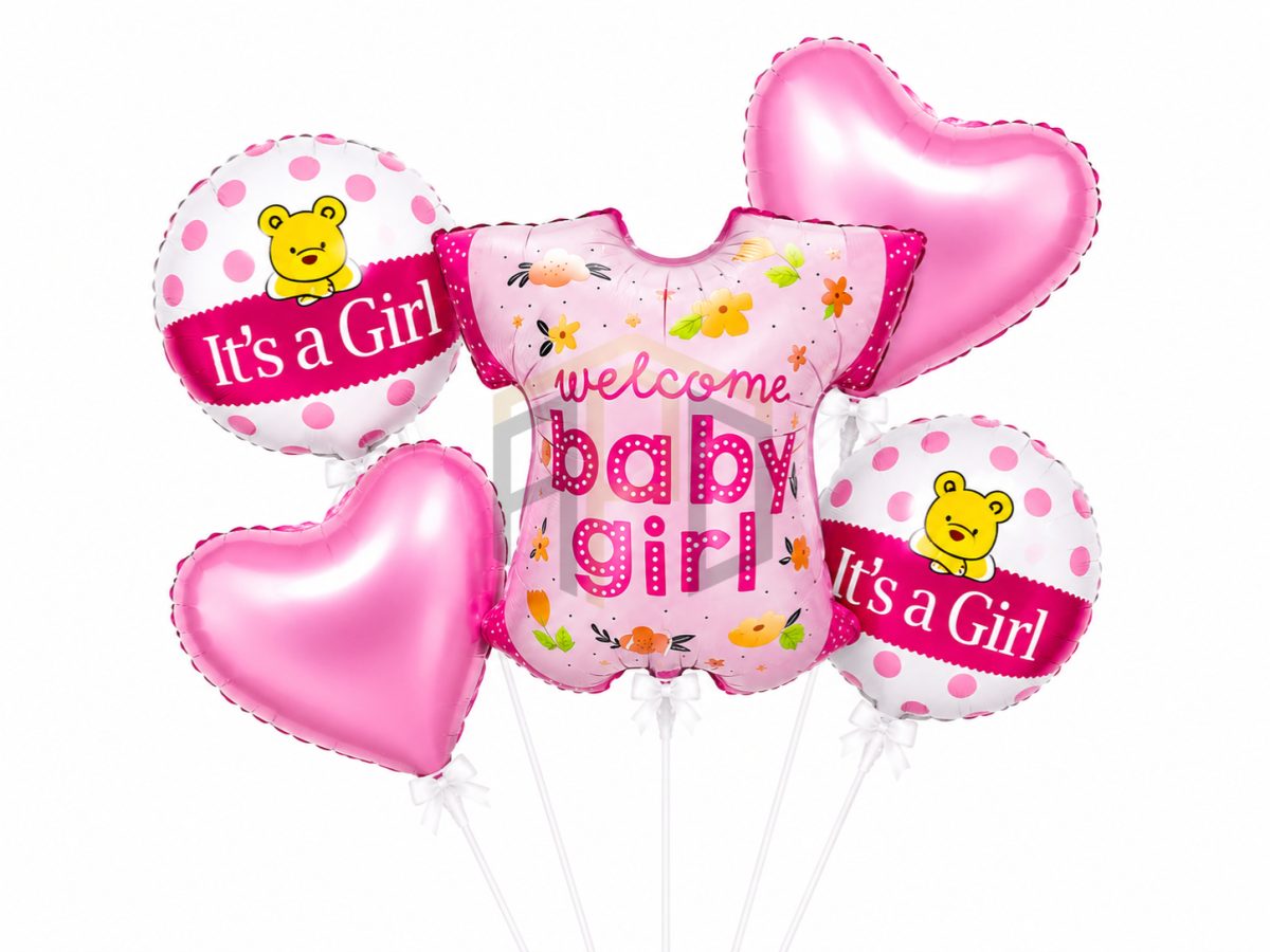 Welcome Baby Girl Foil Balloon Set with Baby Dress and Pink Heart Balloons – Newborn Baby Girl Decoration Kit