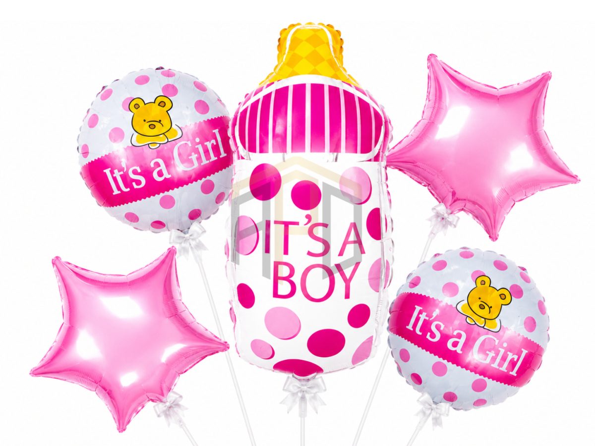 It's a Girl Baby Bottle Foil Balloon Set with Pink Star Balloons – Newborn Baby Girl Welcome Decoration Kit