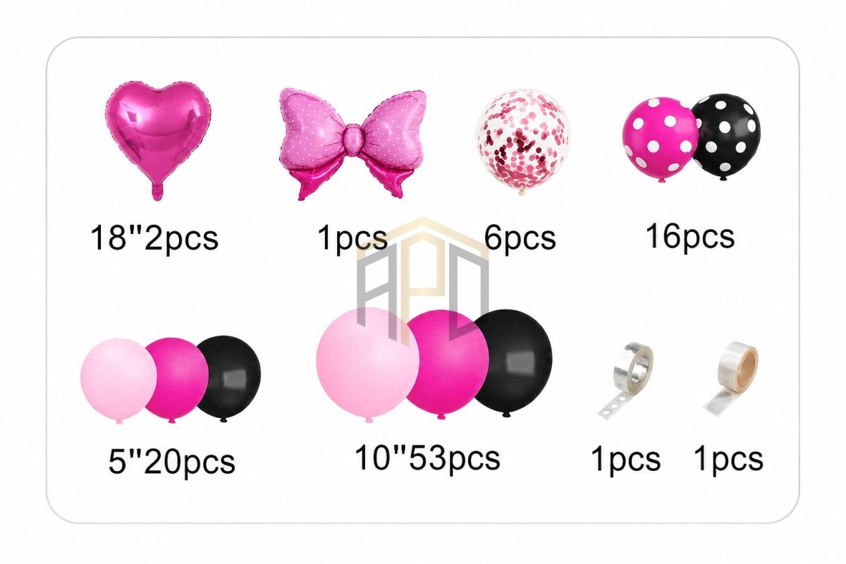 Minnie Mouse Pink & Black Balloon Garland Decoration Kit with Bow Foil Balloons