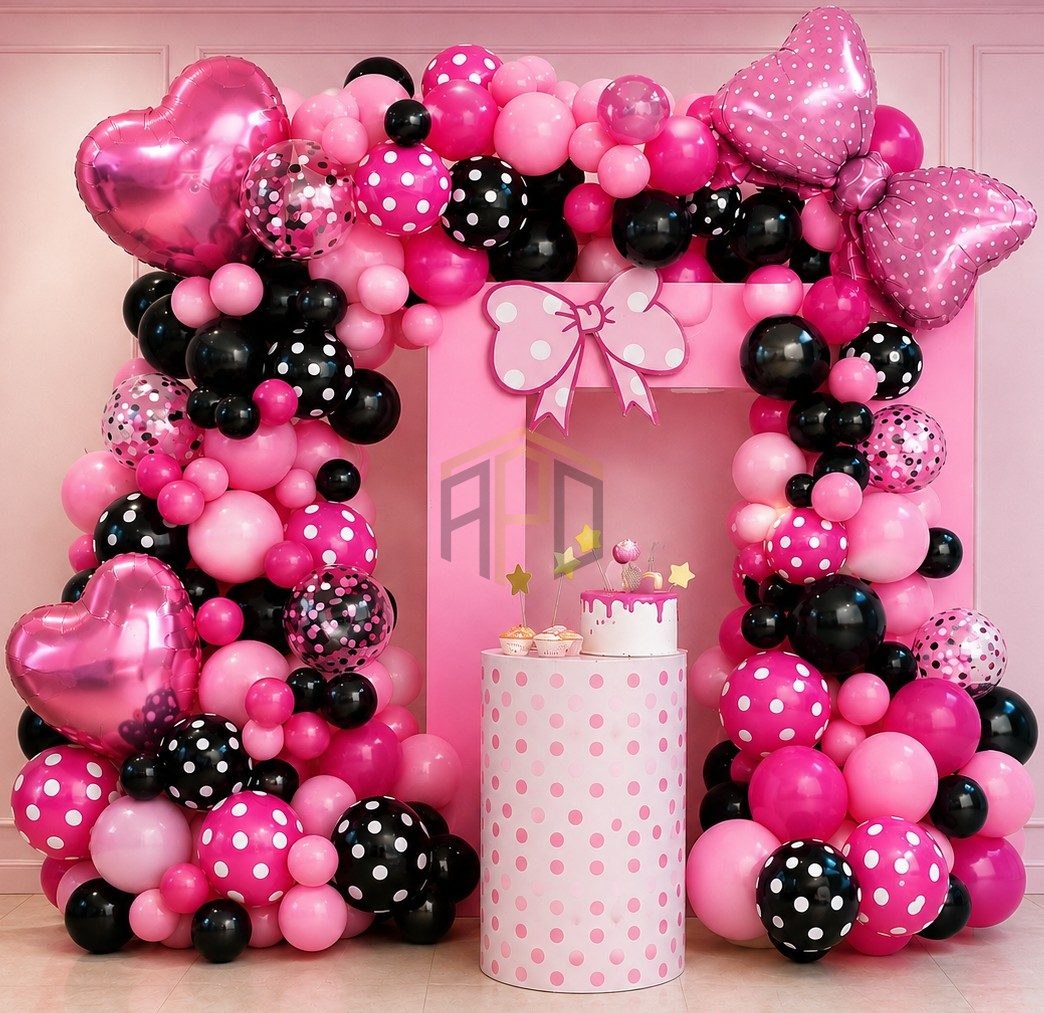 Minnie Mouse Pink & Black Balloon Garland Decoration Kit with Bow Foil Balloons